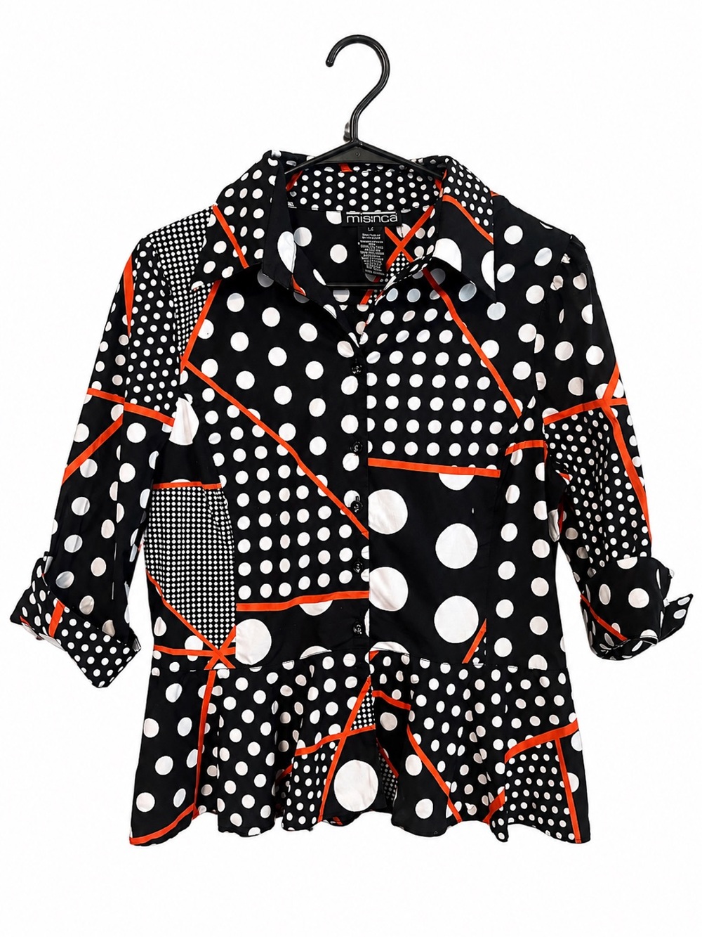 Mishca Polka Dot Peplum Button Front Blouse Size Large